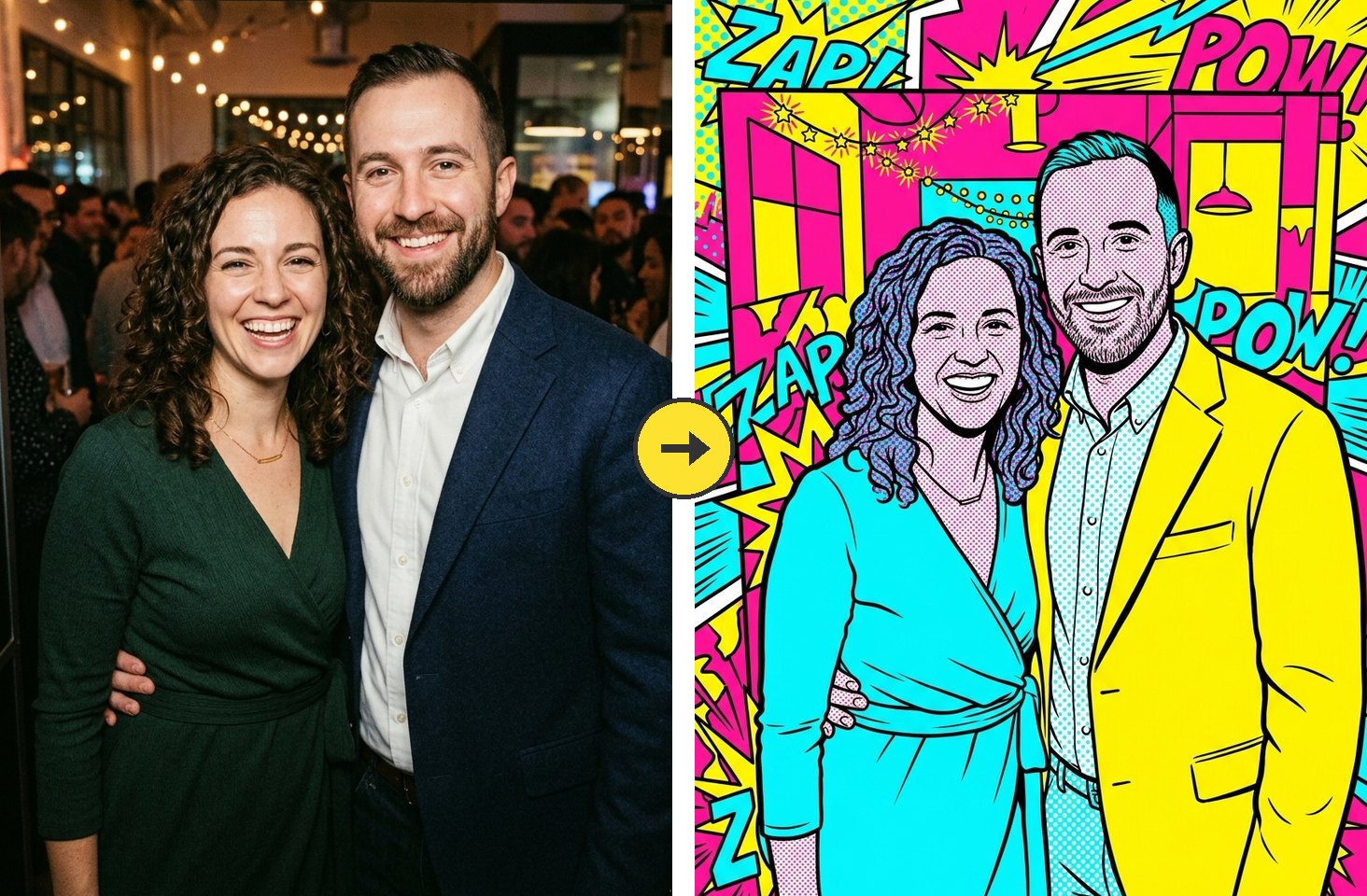 Photobooth IA : une photo de soirée transformée en illustration pop art par l’intelligence artificielle