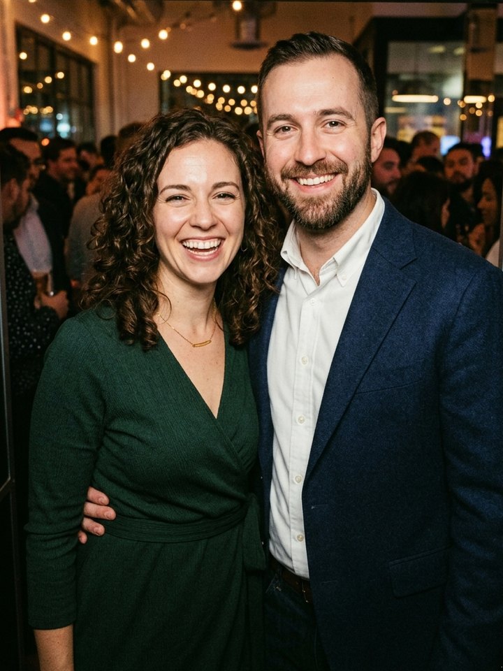 Photo d’origine prise au photobooth : deux collègues souriants en soirée d’entreprise