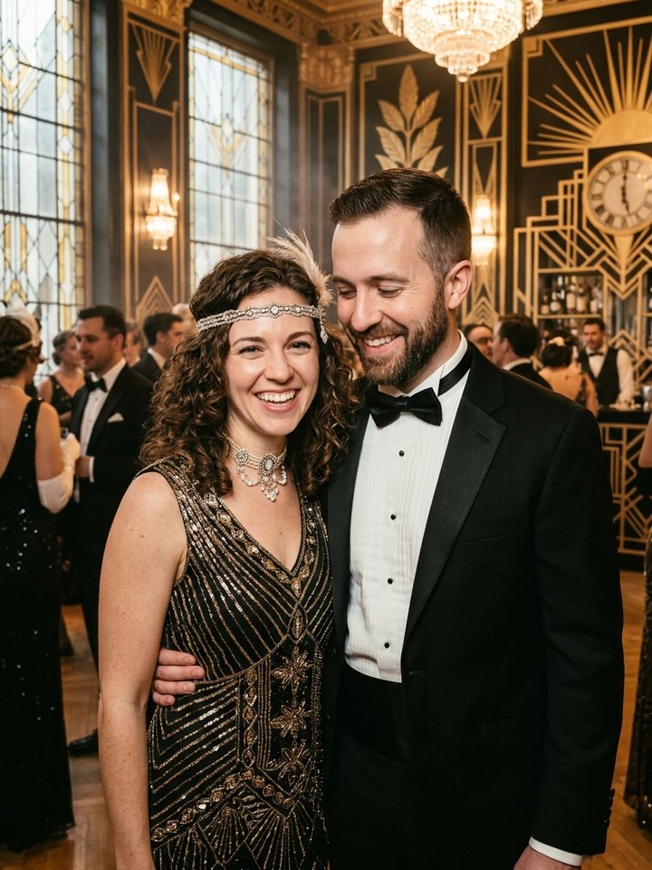 La même photo transformée par l’IA dans un univers gala Art déco des années folles